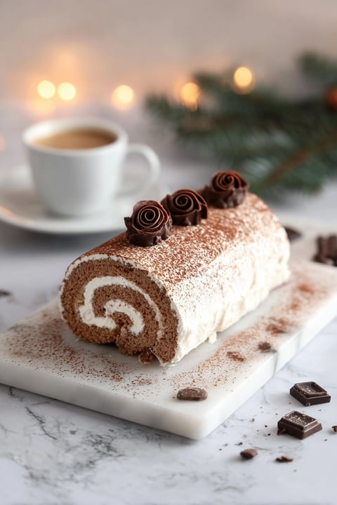 A gourmet tiramisu yule log cake with chocolate and cinnamon sprinkled on top.
