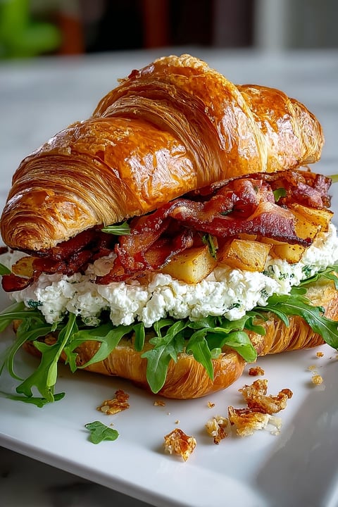 A croissant sandwich with bacon, cheese, and apple.