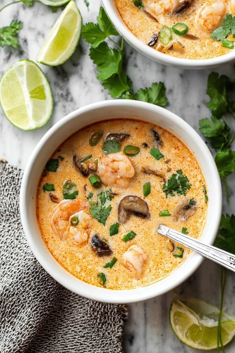 A bowl of Thai Shrimp Soup with a spoon in it.