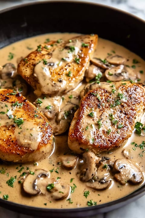 Chicken Marsala with mushrooms and herbs.
