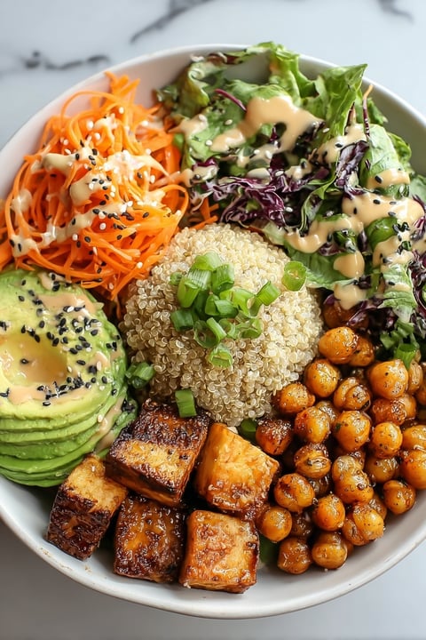 A bowl of food with a variety of ingredients.