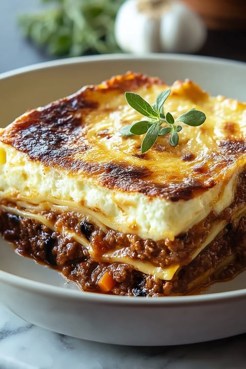 A delicious Greek Moussaka on a white plate.