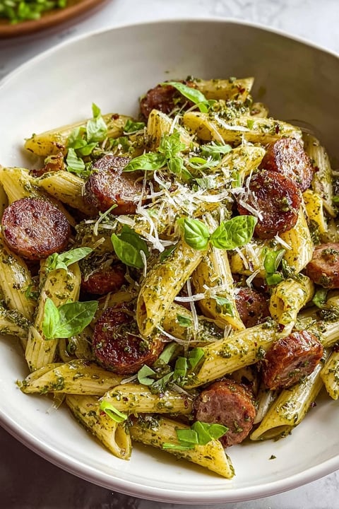 A bowl of pasta with sausage and cheese.