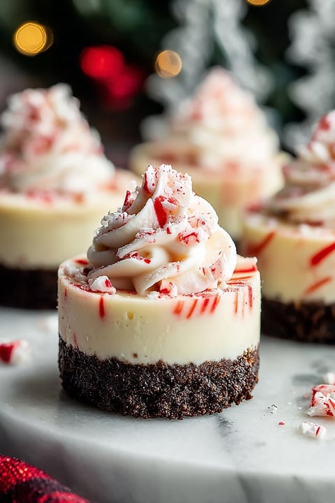 Three mini peppermint bark cheesecakes with white whipped cream.