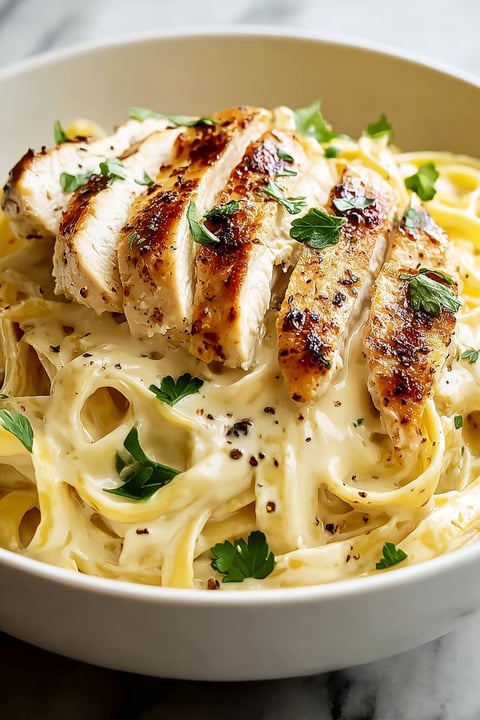 A bowl of pasta with chicken on top.