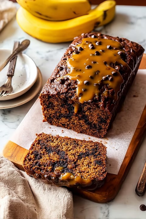 A slice of chocolate chunk banana bread.