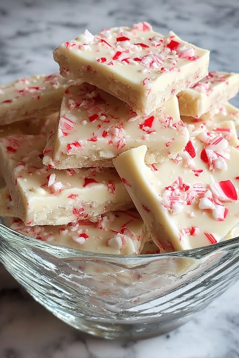 A bowl of white chocolate peppermint bark.