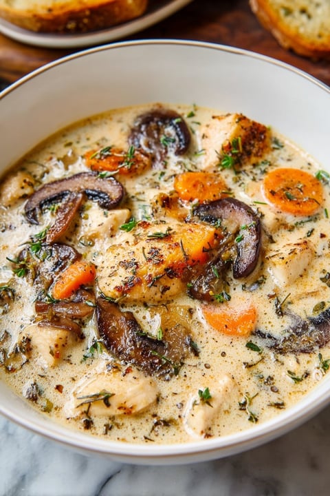 A bowl of soup with mushrooms, carrots, and chicken.