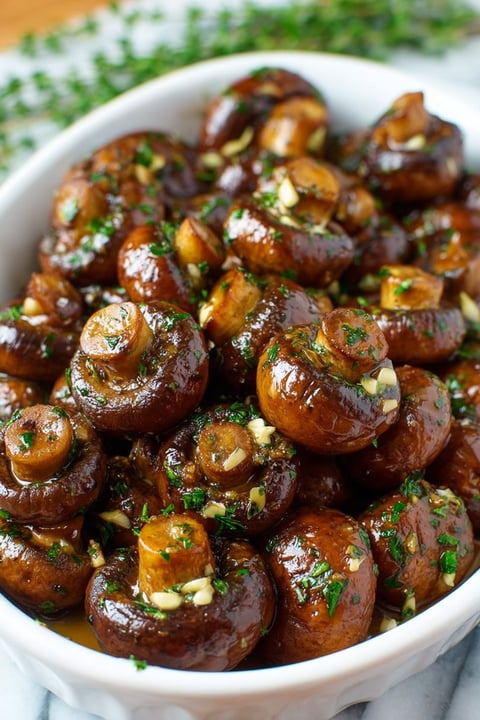A bowl of mushrooms with garlic and balsamic sauce.