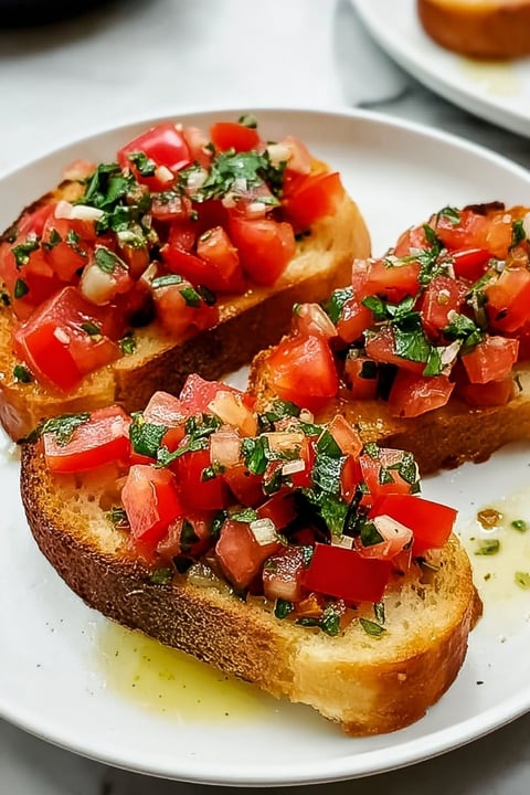 Two pieces of bread with tomatoes and basil.