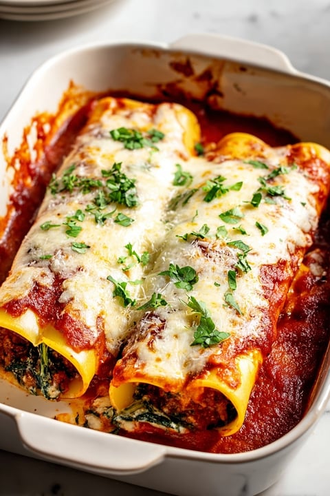 A dish of crepe manicotti with spinach ricotta filling.