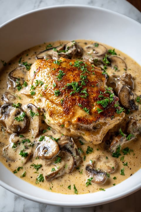 A close up of a chicken dish with mushrooms and gravy.