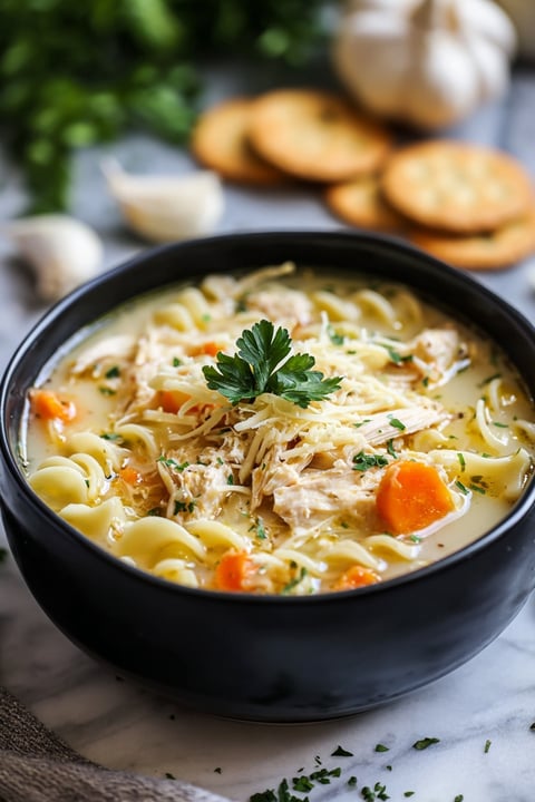 A bowl of soup with a green herb on top.