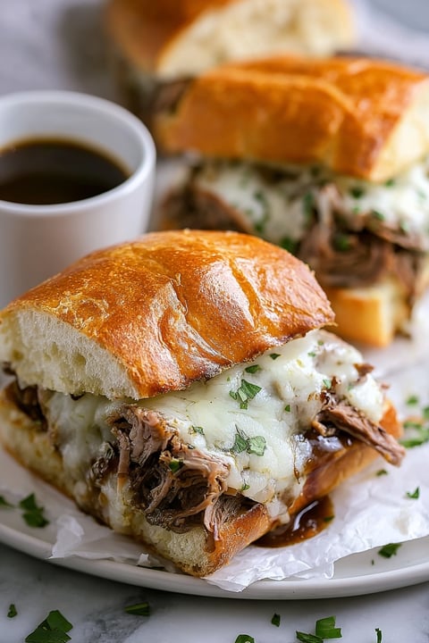 Two crockpot French dip sandwiches with cheese.