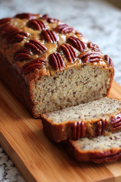 A slice of pecan bread on a wooden cutting board.