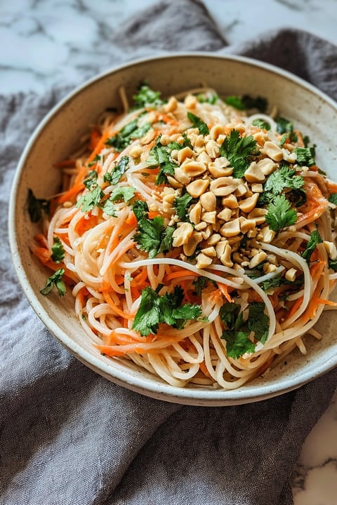 A bowl of noodles with peanuts and carrots.