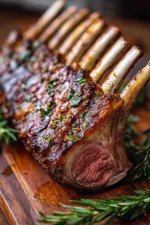 A roasted rack of lamb with herbs and spices.