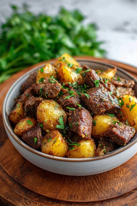 A bowl of beef and potatoes.