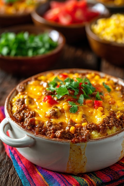A bowl of cowboy casserole with a spoon in it.