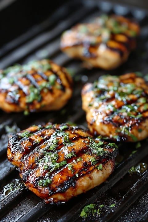 Grilled chicken thighs with herbs and spices.