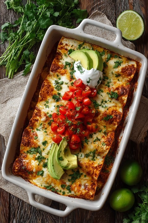 A dish of cream cheese enchiladas with tomatoes and avocado.