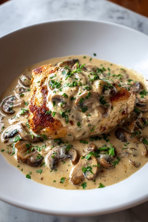 A plate of chicken covered in gravy.