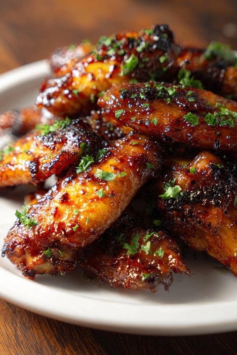 A plate of smothered chicken wings.