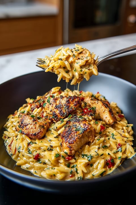 A bowl of pasta with chicken and Alfredo sauce.