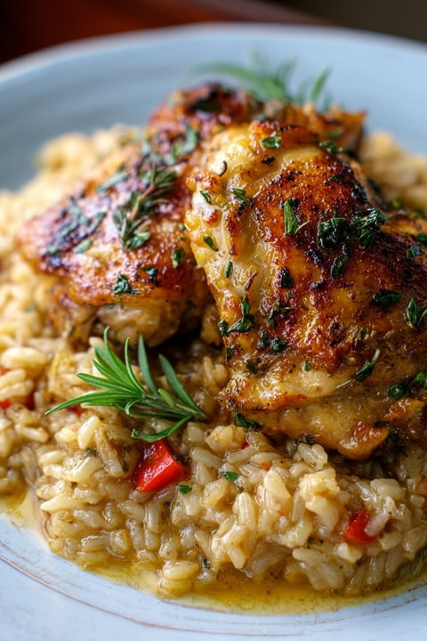 A plate of smothered chicken and rice.