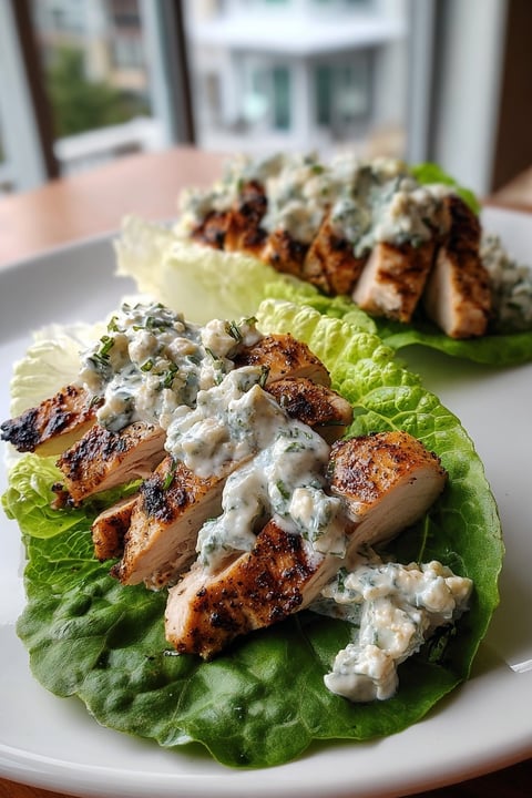 A plate of chicken with lettuce and feta sauce.