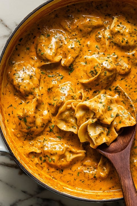 A bowl of creamy blackened chicken with tortellini.