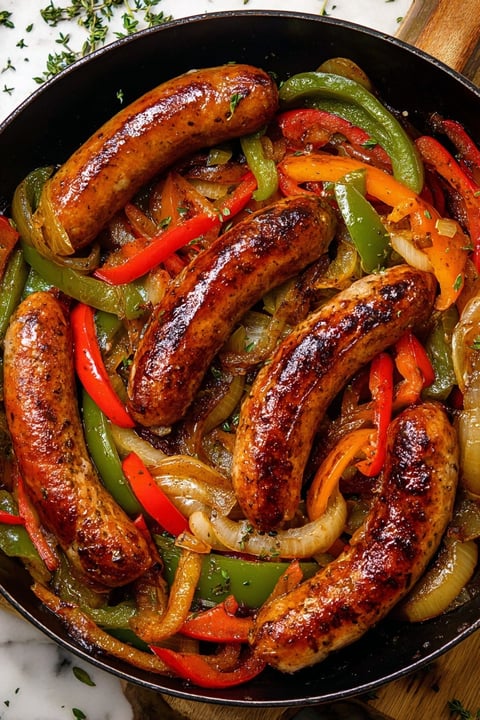 A dish of sausage and peppers.