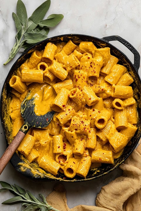 A pan of creamy roasted butternut squash pasta.