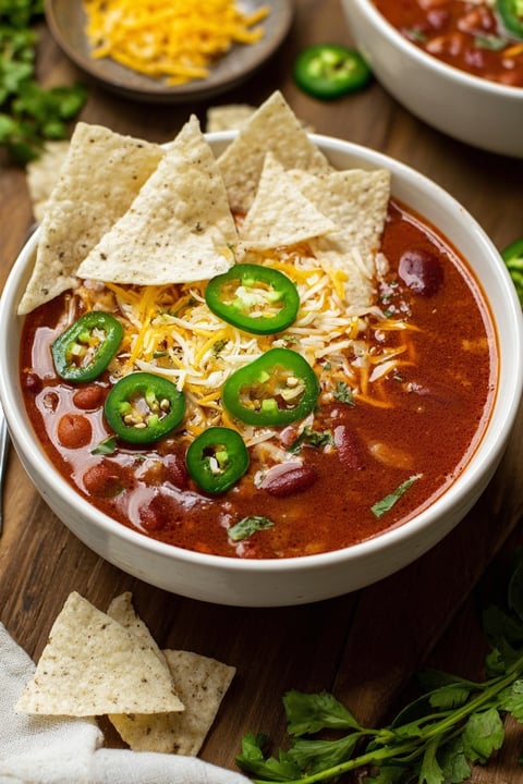 A bowl of hearty vegan taco soup with chips on top.