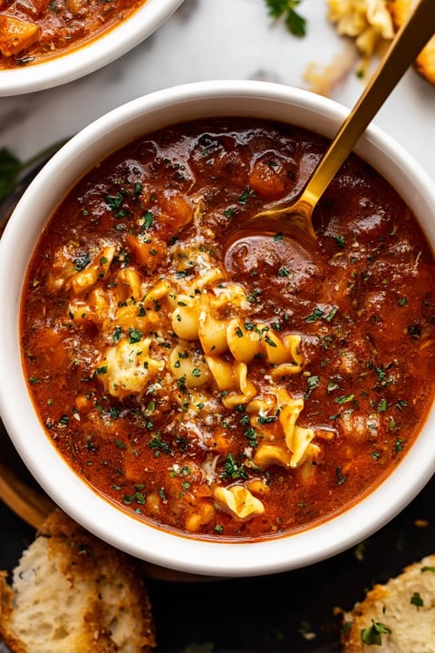 A bowl of soup with a spoon in it.