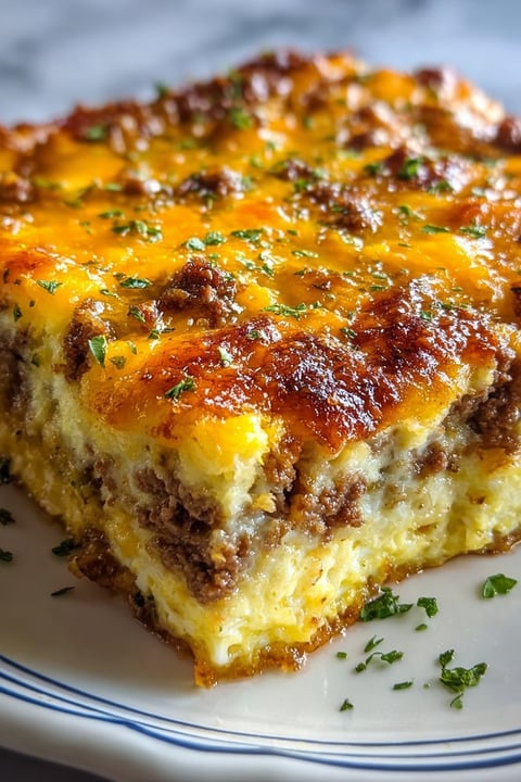 A slice of sausage hashbrown breakfast casserole.