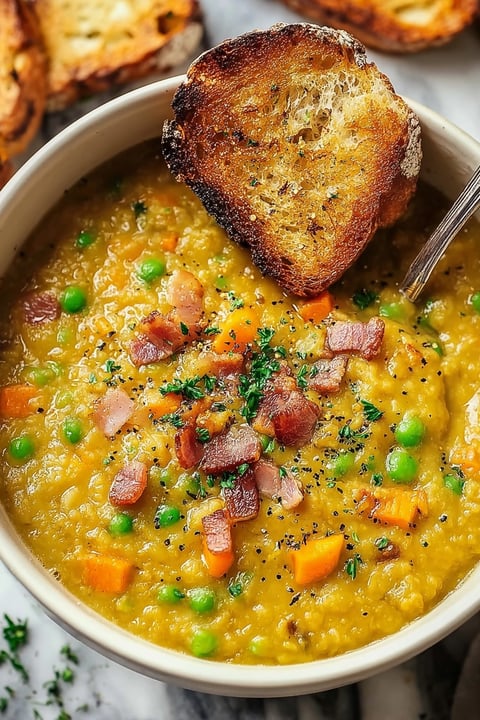 A bowl of split pea soup with a slice of bread on top.