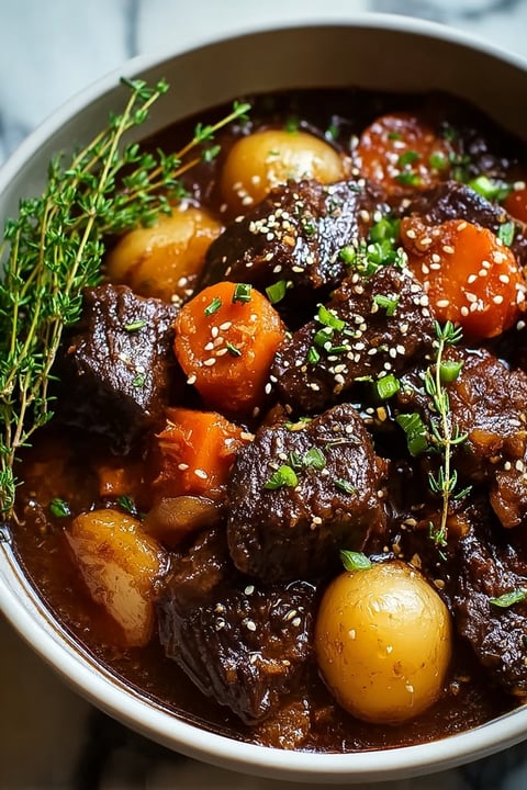 A close up of a delicious pot roast with carrots and herbs.