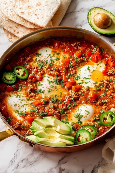 A bowl of authentic shakshuka with eggs, tomatoes, and peppers.