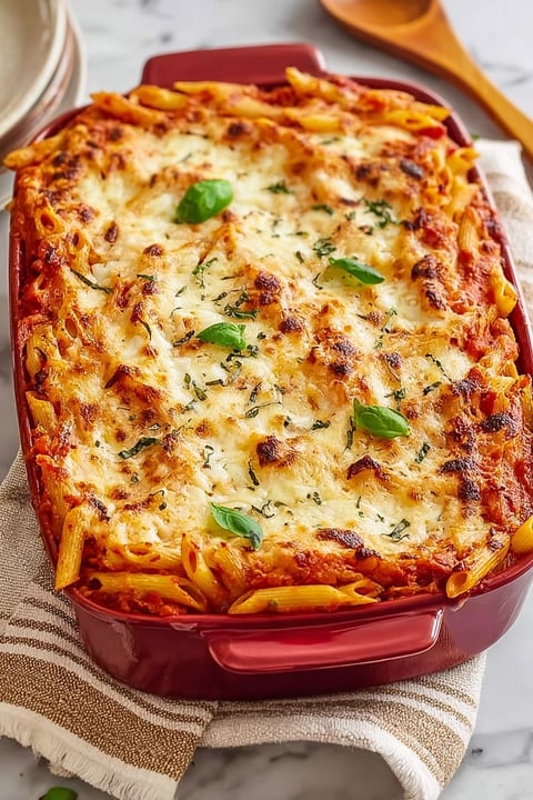 A baked spaghetti dish with cheese and herbs.