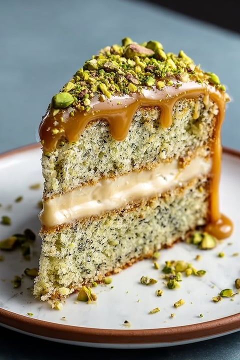 A slice of pistachio coffee cake with caramel drizzle.