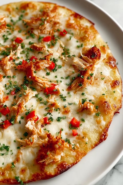 A pizza with chicken, bell peppers and ranch dressing.