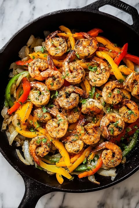 A pan of shrimp fajitas with peppers and onions.