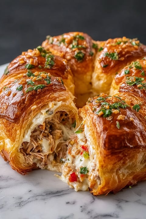 A Philly Cheese Steak Crescent Ring is cut open and displayed on a plate.