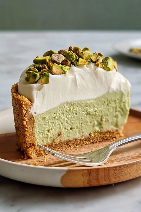 A slice of pistachio cheesecake on a plate.