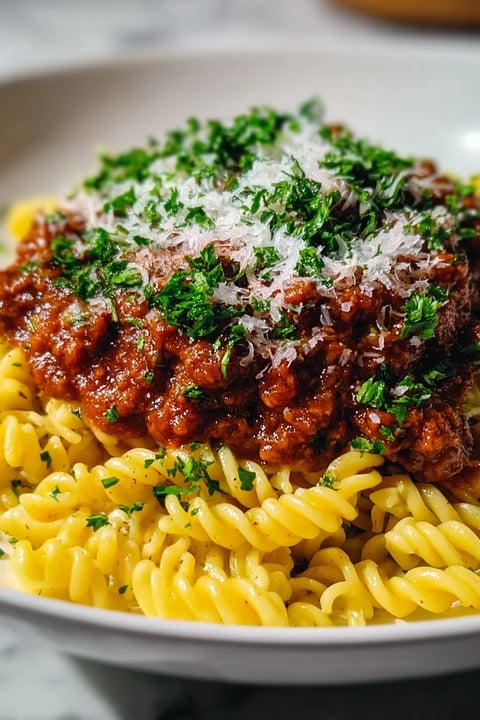 A plate of pasta with a bolognese sauce.