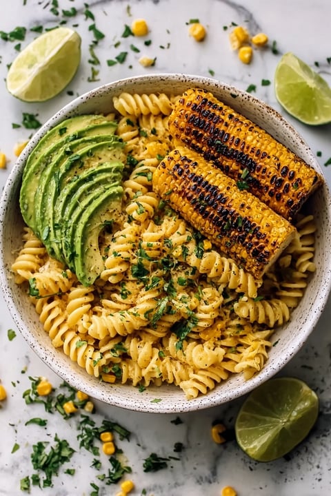 A bowl of creamy street corn pasta salad.