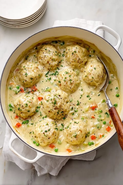 A bowl of chicken and dumplings.