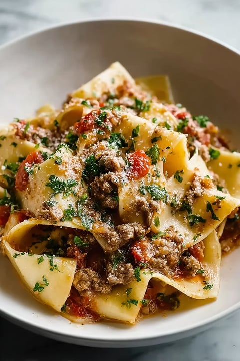 A plate of pasta with meat and tomatoes.