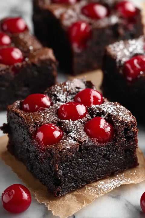 A close up of a delicious chocolate brownie with cherries on top.